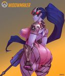  ass big_hair bodysuit breasts carmessi gun head_mounted_display huge_ass long_hair looking_at_viewer looking_back overwatch ponytail purple_hair purple_skin solo very_long_hair weapon widowmaker_(overwatch) yellow_eyes 