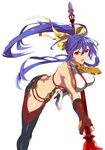  angry antenna_hair ass back backless_outfit bare_shoulders blazblue blazblue_variable_heart blue_hair boots bow breasts butt_crack fingerless_gloves genderswap genderswap_(mtf) gloves hair_bow high_heel_boots high_heels large_breasts long_hair looking_at_viewer mai_natsume no_bra no_panties official_art open_mouth polearm ponytail red_eyes ribbon solo spear very_long_hair weapon 