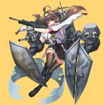  absurdres assault_rifle bad_id bad_pixiv_id blue_eyes brown_hair bullpup eotech gloves gun hairband harumaki_haruki highres kantai_collection kongou_(kantai_collection) l85 long_hair machinery nontraditional_miko one_eye_closed open_mouth rifle sarashi simple_background skirt smile solo turret vertical_foregrip weapon 
