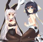  &gt;:( animal_ears artist_name ass bare_back bare_shoulders black_footwear black_hair black_legwear blue_eyes blush bow bowtie breast_hold breasts bunny_ears bunny_girl bunnysuit butterfly_hair_ornament cleavage covered_navel detached_collar etna_(kuzuyu) eyebrows eyebrows_visible_through_hair fake_animal_ears frown grey_background hair_ornament hairband hairclip high_heels highres kneeling komori_kuzuyu large_breasts leotard long_hair looking_at_viewer multiple_girls original pantyhose red_bow red_eyes red_neckwear rivier_(kuzuyu) shoes short_hair sideboob signature simple_background sitting skin_tight strapless strapless_leotard tareme teardrop tears v-shaped_eyebrows very_long_hair wariza white_footwear 