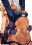  2girls aka--chi angel_(kof) armpits arms_up bangle bare_shoulders belt black_choker black_dress black_gloves black_jacket black_panties blonde_hair blue_eyes blush bonne_jenet bracelet breasts choker cropped_jacket dress dress_lift erect_nipples eyebrows_visible_through_hair fatal_fury fingerless_gloves gloves hair_over_one_eye highres jacket jewelry large_breasts laughing long_hair looking_at_another looking_up loose_belt mark_of_the_wolves multiple_girls navel navel_insertion nose_blush panties parted_lips short_hair silver_hair smile stomach tickling torso_grab underwear wavy_mouth yuri 