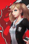  blonde_hair blue_eyes breasts earrings hair_ornament hairclip jewelry koyorin long_hair persona persona_5 red_background shuujin_academy_uniform small_breasts solo takamaki_anne twintails watermark 