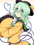  fingers_together gradient gradient_background green_eyes green_hair grin hat hat_ribbon heart heart-shaped_pupils heart_of_string komeiji_koishi kumadano long_sleeves looking_at_viewer ribbon shirt short_hair smile solo string symbol-shaped_pupils touhou upper_body wide_sleeves 