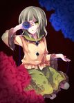  blue_flower blue_rose covering_one_eye eyeball floral_print flower frilled_shirt frilled_shirt_collar frilled_skirt frilled_sleeves frills full_body green_eyes green_skirt highres kneeling komeiji_koishi long_sleeves looking_at_viewer moko-rinn no_hat no_headwear parted_lips red_flower red_pupils red_rose rose shirt short_hair silver_hair skirt solo third_eye touhou triangle_mouth tsurime wide_sleeves yellow_shirt 