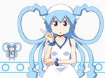  blue_eyes blue_hair collarbone dress enoya-eno hat ikamusume index_finger_raised long_hair looking_at_viewer mini-ikamusume multiple_girls shinryaku!_ikamusume tentacle_hair white_dress 