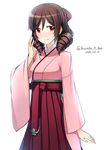  brown_hair drill_hair hakama harukaze_(kantai_collection) highres japanese_clothes kantai_collection long_hair meiji_schoolgirl_uniform nakamura_kusata red_eyes red_hakama solo standing 