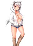  animal_ears belly breasts collarbone fang highres hood hoodie inubashiri_momiji large_breasts looking_at_viewer navel no_bra open_clothes open_hoodie red_eyes shirt shishi_juuroku short_hair short_shorts shorts silver_hair simple_background solo tail thick_eyebrows touhou white_background wolf_ears wolf_tail 