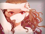  armpits bare_shoulders brown_hair close-up collarbone curly_hair face idolmaster idolmaster_cinderella_girls long_hair off_shoulder parted_lips red_eyes seki_hiromi simple_background solo strap_slip upper_body uzu_shi_o 