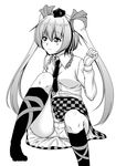  blush breasts checkered checkered_skirt dress_shirt greyscale hair_ribbon hat himekaidou_hatate long_hair medium_breasts miniskirt monochrome necktie panties pantyshot pantyshot_(sitting) ribbon shirt sitting skirt solo tatsuya_(guild_plus) tokin_hat touhou twintails underwear 