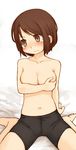  barefoot bike_shorts blush breasts collarbone covering covering_breasts female inuinu_(project_october) ken_makiba looking_away navel on_bed short_hair solo tears topless wariza 
