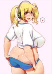  ass back blonde_hair blush breasts buruma buruma_pull butt_crack commentary_request gym_uniform headphones heart highres huge_breasts looking_at_viewer looking_back midriff nitroplus open_mouth orange_eyes plump short_hair smile solo speech_bubble spoken_heart super_pochaco twintails yosyo 