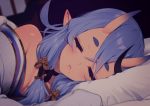  1girl bangs bare_shoulders black_choker black_hair blanket blue_hair blurry blurry_background blush breasts choker cleavage depth_of_field dot_nose eyes_closed facing_viewer fang horns indoors japanese_clothes long_hair long_sleeves lunch_(lunch3) lying mole mole_under_mouth multicolored_hair nijisanji on_bed on_side oni_horns parted_lips pillow pink_eyes pointy_ears rindou_mikoto short_eyebrows sidelocks sleeping smile solo streaked_hair thick_eyebrows virtual_youtuber wide_sleeves 
