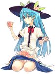  blue_eyes blue_hair dress food fruit hat hinanawi_tenshi leaf long_hair panties pantyshot pantyshot_(sitting) peach puffy_sleeves ribbon seiza short_sleeves simple_background sitting skirt_basket solo subachi touhou underwear white_background white_panties 