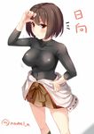  1girl =3 blush breasts brown_eyes brown_hair brown_skirt character_name commentary_request covered_navel covered_nipples cowboy_shot hand_on_hip hyuuga_(kantai_collection) japanese_clothes kantai_collection large_breasts looking_at_viewer noe_noel nontraditional_miko short_hair skin_tight skirt solo standing taut_clothes twitter_username undershirt white_background 