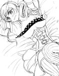  bed blush breasts breasts_outside censored charlotte_(madoka_magica) corset danaka drill_hair greyscale large_breasts mahou_shoujo_madoka_magica miniskirt monochrome open_clothes open_shirt pillow shirt sketch skirt solo tears thighhighs tomoe_mami twintails underbust 