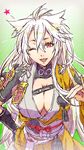  armor breasts cleavage fang fox_shadow_puppet genderswap genderswap_(mtf) hayabuta_(emi) huge_breasts japanese_armor japanese_clothes kogitsunemaru leaning_forward long_hair open_mouth red_eyes shoulder_armor smile sode solo star touken_ranbu white_hair 