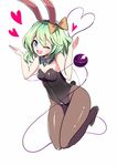 ;d alternate_costume amisu animal_ears bare_shoulders black_legwear blush bow breasts bunny_ears bunny_girl bunny_tail bunnysuit cleavage commentary_request detached_collar eyeball fake_animal_ears full_body green_eyes green_hair hair_bow heart heart_of_string komeiji_koishi leotard looking_at_viewer one_eye_closed open_mouth pantyhose short_hair sleeveless small_breasts smile solo tail third_eye touhou white_background yellow_bow 