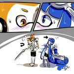  1girl arrow artist_name blue_eyes blue_hair blush boots carbon_roller_(splatoon) domino_mask donut_(zoza) e-liter_3k_(splatoon) embarrassed flying_sweatdrops fume genderswap genderswap_(ftm) genderswap_(mtf) headphones hood hoodie ink_tank_(splatoon) inkling layered_clothing long_hair long_sleeves mask off_shoulder orange_eyes orange_hair partially_colored pointy_ears pudding_(zoza) shirt shoes short_hair short_over_long_sleeves short_sleeves shorts signature single_vertical_stripe splatoon_(series) splatoon_1 standing sweatdrop t-shirt tank_top tentacle_hair zoza 