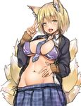  animal_ears between_breasts bikini bikini_under_clothes blazer blonde_hair breasts cardigan covered_nipples cowboy_shot fang fox_ears fox_tail groin highres jacket kyuubi large_breasts masuo multiple_tails navel necktie open_clothes open_mouth open_shirt plaid plaid_skirt pleated_skirt purple_bikini school_uniform shirt short_hair side-tie_bikini simple_background sketch skirt skirt_pull sleeves_past_wrists solo string_bikini swimsuit tail touhou v white_background yakumo_ran yellow_eyes 