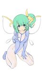  :&lt; alternate_costume bangs blue_eyes blush bodysuit breasts collarbone daiyousei fairy fairy_wings flat_color frown full_body gloves green_hair hair_ribbon hand_on_breast hand_on_own_thigh kiyama_satoshi kneeling large_breasts legs_apart looking_at_viewer parted_bangs pointy_ears raised_eyebrows ribbon short_hair side_ponytail simple_background sketch solo touhou white_background white_wings wings yellow_ribbon 