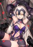  armor armpits bdsm blonde_hair bondage bound breasts cleavage crucifixion fate/grand_order fate_(series) gauntlets headpiece highres jeanne_d'arc_(alter)_(fate) jeanne_d'arc_(fate)_(all) large_breasts long_hair looking_at_viewer navel restrained smile solo thighhighs thighs tsuki_suigetsu type-moon yellow_eyes 