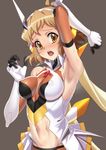  :o armpits blonde_hair blush bodysuit breasts brown_background center_opening collarbone covered_nipples elbow_gloves gloves headgear large_breasts looking_at_viewer navel nose_blush open_mouth senki_zesshou_symphogear short_hair shunzou simple_background solo stomach sweat tachibana_hibiki_(symphogear) upper_body wet white_gloves wing_collar yellow_eyes 
