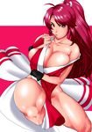  absurdres bare_shoulders breasts brown_eyes brown_hair cleavage fatal_fury finger_to_mouth fingerless_gloves gloves highres huge_breasts japanese_clothes pelvic_curtain pleasure-treasure ponytail revealing_clothes shiranui_mai sideboob skindentation solo the_king_of_fighters thighs 