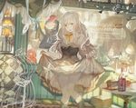  boots bow braid cage corset dummy indoors long_hair looking_at_viewer ori_(momonimo) skirt skirt_lift solo white_hair yellow_eyes 