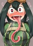  4shi asui_tsuyu black_hair blush bodysuit boku_no_hero_academia breasts commentary_request drooling frog_girl green_bodysuit hair_between_eyes heart heart-shaped_pupils highres in_heat large_breasts long_hair long_tongue looking_at_viewer monster_girl nose_blush open_mouth saliva solo symbol-shaped_pupils tears tongue tongue_out upper_body very_long_tongue 