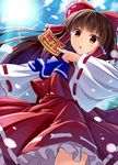  :o ascot bow brown_hair commentary_request cowboy_shot detached_sleeves dutch_angle hair_bow hair_tubes hakurei_reimu japanese_clothes long_hair long_sleeves looking_at_viewer miko noe_noel ofuda red_eyes red_skirt ribbon-trimmed_sleeves ribbon_trim skirt skirt_set solo sunlight touhou tsurime v-shaped_eyebrows wide_sleeves 