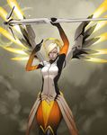  bad_id bad_tumblr_id blonde_hair bodysuit breasts closed_eyes cowboy_shot glowing glowing_wings highres less mechanical_halo mechanical_wings medium_breasts mercy_(overwatch) orange_bodysuit overwatch pantyhose short_hair solo spread_wings staff white_bodysuit wide_hips wings yellow_wings 