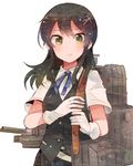  black_hair black_skirt black_vest blue_neckwear blue_ribbon blush buttons collared_shirt cowboy_shot downscaled dress_shirt eyebrows_visible_through_hair frown gloves green_eyes hair_ornament hairpin holding image_sample itomugi-kun kantai_collection long_hair looking_at_viewer machinery md5_mismatch neck_ribbon oyashio_(kantai_collection) pleated_skirt resized ribbon shirt short_sleeves simple_background skirt solo turret vest white_background white_gloves white_shirt wing_collar 