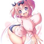  1girl bent_over blue_eyes blush bouncing_breasts bow breasts buruma commentary_request covered_nipples hair_bow hibari_(senran_kagura) jacket large_breasts looking_at_viewer open_mouth pink_hair puffy_nipples semikichi senran_kagura senran_kagura_shoujo-tachi_no_shin'ei short_hair short_twintails smile solo symbol-shaped_pupils track_jacket twintails unaligned_breasts 
