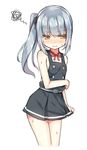  3: bare_shoulders belt black_ribbon blush dress hair_ribbon hatsunatsu kantai_collection kasumi_(kantai_collection) long_hair looking_to_the_side no_shirt pinafore_dress remodel_(kantai_collection) ribbon school_uniform side_ponytail silver_hair simple_background sleeveless sleeveless_dress solo squiggle sweat v-shaped_eyebrows white_background yellow_eyes 