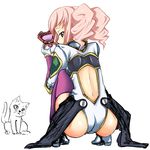  anya_alstreim artist_request ass back backboob boots breasts cat code_geass elbow_gloves from_behind gloves leotard long_hair looking_at_viewer looking_back pink_eyes pink_hair purple_legwear shiny shiny_hair shiny_skin showgirl_skirt simple_background solo squatting thighhighs twintails wantsupanchi!! white_background 