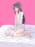  akemi_homura bed black_hair blanket blush breasts danaka full_body hairband long_hair mahou_shoujo_madoka_magica naked_shirt no_panties open_clothes open_shirt purple_eyes shirt sitting sketch small_breasts solo wariza white_shirt 