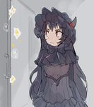  black_dress black_hair blush bonnet breasts dress full-face_blush gothic_lolita horn isolated_island_hime kantai_collection lolita_fashion long_hair open_mouth red_eyes sexually_suggestive shinkaisei-kan small_breasts solo sweatdrop translated very_long_hair walzrj 