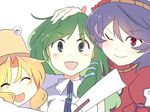  :d arm_on_shoulder blonde_hair blush closed_eyes commentary_request dress dress_shirt gohei green_eyes green_hair hair_ornament hand_on_another's_head hat kochiya_sanae leaf_hair_ornament mirror moriya_suwako multiple_girls nurupo_(abooon) one_eye_closed open_mouth portrait purple_hair red_dress rope shirt short_hair simple_background smile snake snake_hair_ornament touhou upper_body white_background wide_sleeves yasaka_kanako 