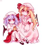  ascot asymmetrical_hair blonde_hair bubble_skirt cosplay costume_switch finger_to_mouth flandre_scarlet flandre_scarlet_(cosplay) hat hat_ribbon interlocked_fingers lavender_hair long_sleeves looking_at_viewer mary_janes mob_cap multiple_girls puffy_sleeves red_eyes remilia_scarlet remilia_scarlet_(cosplay) ribbon shan shirt shoes short_hair short_sleeves simple_background sitting skirt skirt_lift skirt_set smile socks touhou vest white_background white_legwear wrist_cuffs 