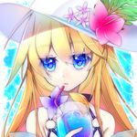  blonde_hair blue_eyes blue_hawaii drink drinking_straw face flower hat hat_flower holding ice ice_cube kawasaki_toiro long_hair looking_at_viewer o-ring o-ring_top original portrait solo tropical_drink 