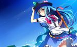  adjusting_clothes adjusting_hat arm_up black_hat blue_dress blue_hair blue_skirt blush bow bowtie buttons commentary_request cowboy_shot dress dress_shirt food frilled_skirt frills fruit hat hinanawi_tenshi leaf long_hair looking_at_viewer noe_noel peach puffy_short_sleeves puffy_sleeves rainbow_gradient rainbow_order red_bow red_eyes red_neckwear shirt short_sleeves skirt sky smile solo sunlight sword_of_hisou touhou very_long_hair wallpaper white_shirt wing_collar 