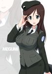  black_eyes brown_hair emblem girls_und_panzer harukon_(halcon) hat highres japanese_tankery_league_(emblem) long_hair megumi_(girls_und_panzer) military military_uniform selection_university_(emblem) selection_university_military_uniform solo uniform zoom_layer 