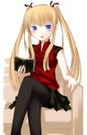  alternate_costume blonde_hair blue_eyes book long_hair nu_(plastic_eraser) panties panties_under_pantyhose pantyhose pantyshot pantyshot_(sitting) rozen_maiden shinku skirt solo twintails 