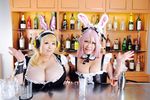  asian blonde_hair breasts brown_eyes cleavage cosplay fat headphones hoshima_mika huge_breasts jewelry multiple_girls necklace nitroplus photo pink_hair star super_pochaco super_pochaco_(cosplay) super_sonico super_sonico_(cosplay) twintails 