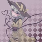  bow checkered checkered_background fading grey_eyes hat hat_bow heart heart_of_string komeiji_koishi long_sleeves looking_at_viewer miata_(miata8674) shirt silver_hair solo third_eye touhou transparent upper_body wide_sleeves 