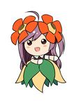  :d ahoge bellossom bellossom_(cosplay) blouse blush_stickers commentary_request cosplay flower gen_2_pokemon gloves hagikaze_(kantai_collection) hair_flower hair_ornament highres kamelie kantai_collection leaf leaf_skirt long_hair looking_at_viewer one_side_up open_mouth pokemon pokemon_(creature) purple_hair simple_background smile solo vest white_background white_blouse white_gloves 