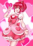  aino_megumi bad_id bad_pixiv_id bow cowboy_shot hair_ornament happinesscharge_precure! heart heart_background heart_hair_ornament hisaki looking_at_viewer outstretched_hand pink pink_background pink_bow pink_skirt ponytail precure red_eyes red_hair short_hair skirt smile solo wrist_cuffs 