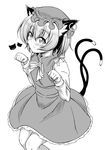  animal_ears blush cat_ears cat_tail chen dress earrings greyscale hat jewelry looking_at_viewer monochrome multiple_tails paw_pose short_hair solo tail tatsuya_(guild_plus) touhou 