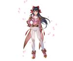  &gt;:) ankle_boots black_hair boots bow brown_eyes coattails fingerless_gloves full_body gloves granblue_fantasy hair_bow hand_on_hip long_hair long_sleeves looking_at_viewer military military_uniform minaba_hideo official_art pants petals pink_footwear ponytail red_bow sakura_taisen shinguuji_sakura smile solo standing transparent_background uniform v-shaped_eyebrows white_gloves white_pants 