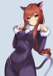  1girl animal_ears blush bodysuit breasts cat_ears catsuit closed_mouth contrapposto covered_navel erica_fontaine fur_collar fur_trim head_tilt highres kagematsuri large_breasts long_hair long_sleeves paw_pose pom_pom_(clothes) red_hair sakura_taisen_iii silver_background simple_background skirt skirt_lift smile solo standing 